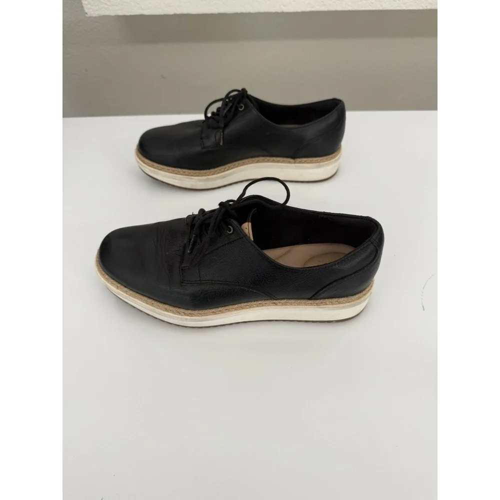 Clarks Artisan Black Leather Jute Platform Lace-Up Casual Shoes Women Sz 7.5